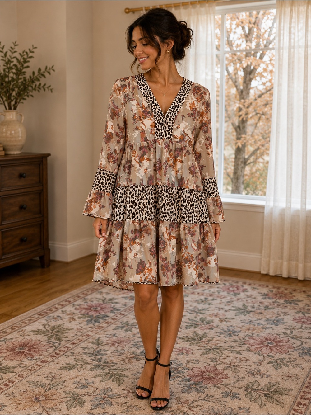 entro Floral Blouse with Leopard Trim in Cream, Brown and Pink